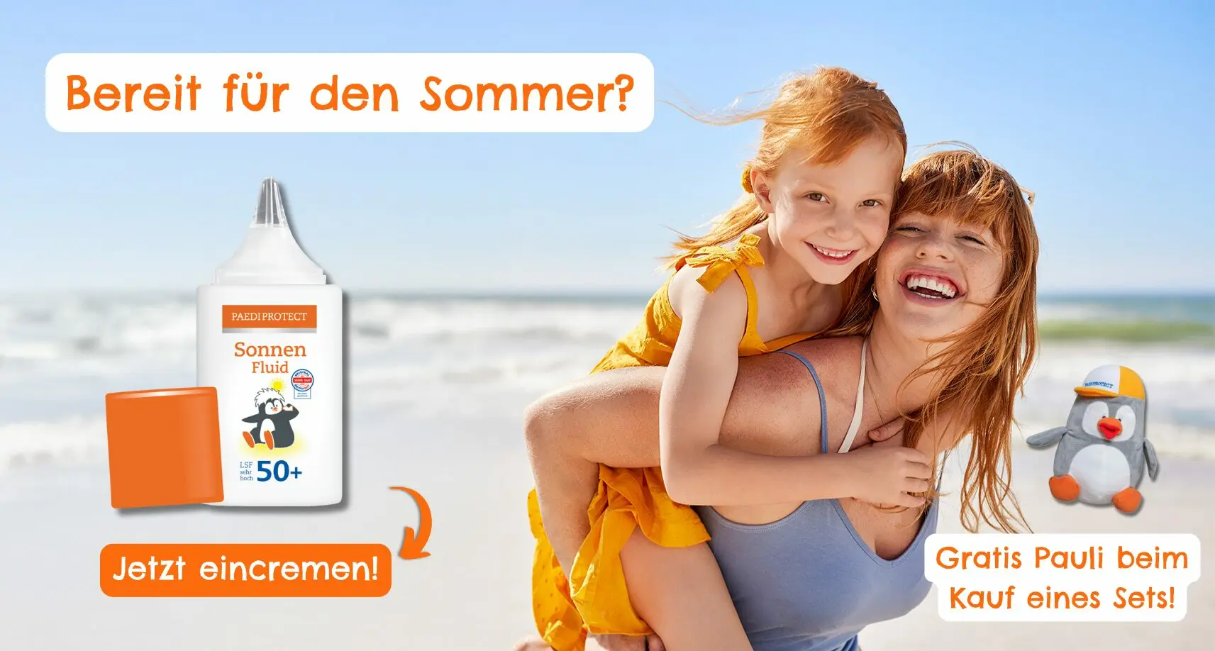 Frau und Kind am Strand. Jetzt neu! Sonnenfluid