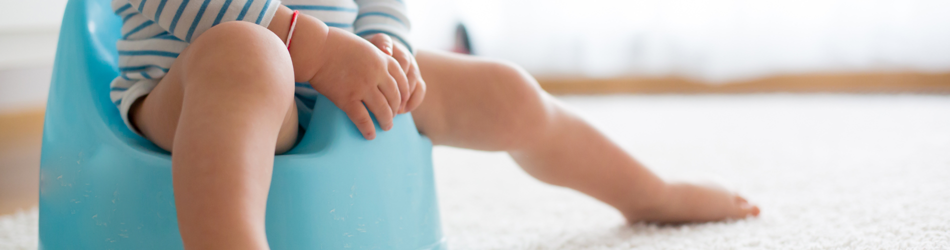 Töpfchentraining Blogbeitrag Foto ein Kleinkind, das auf einem blauen Töpfchen sitzt und eine passende blaue Babyweste trägt
