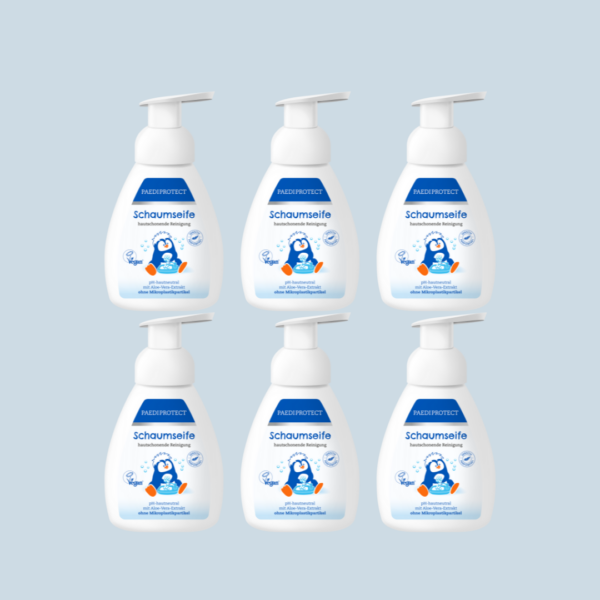 a group of plastic bottles with a blue and white label