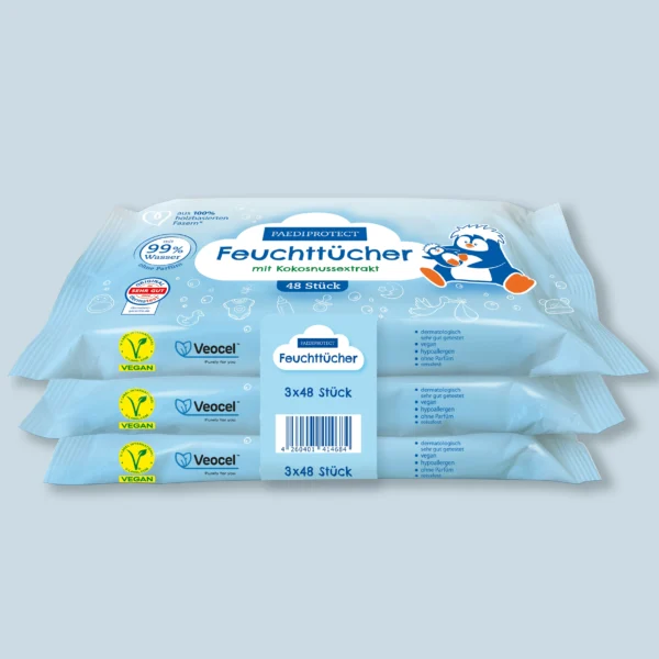 a stack of blue packages wet wipes