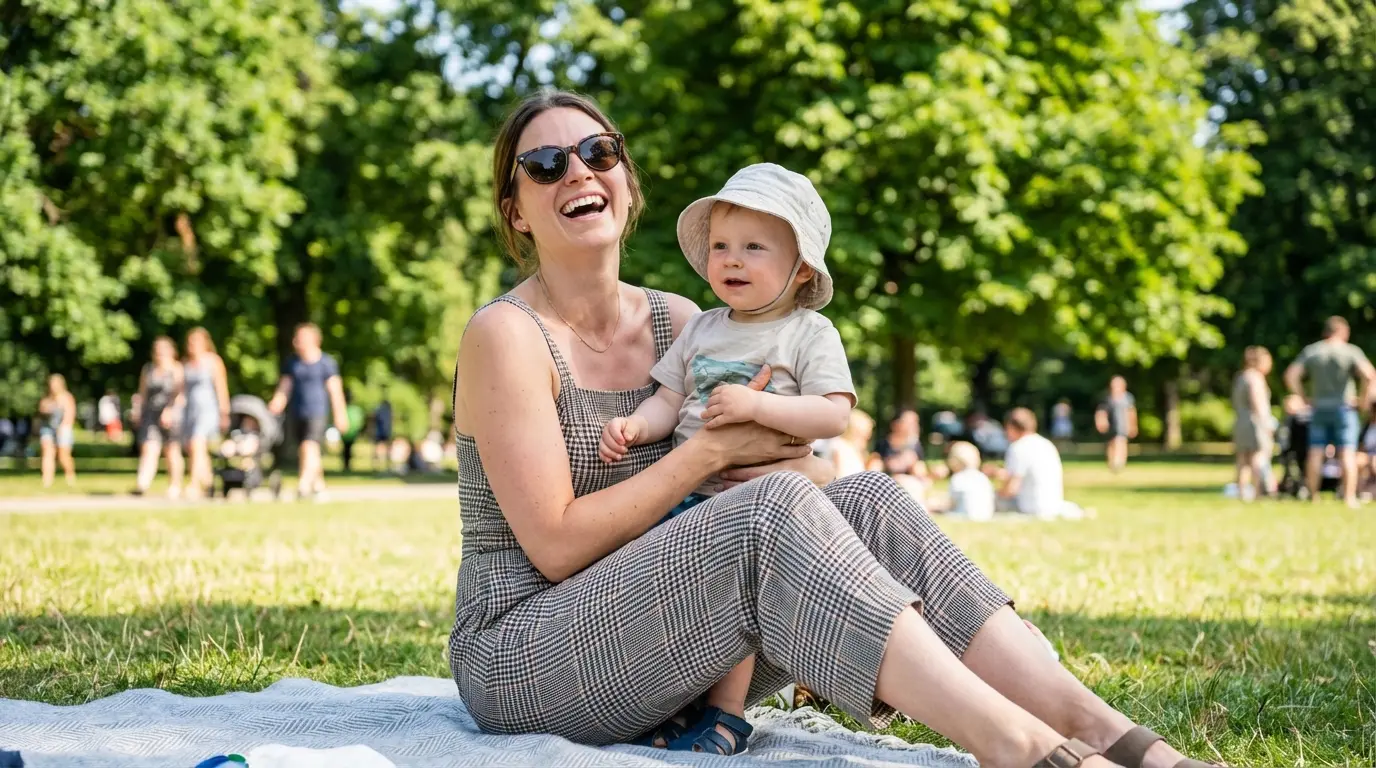 Mutter cremt Kind mit Sonnenschutz im Sommerpark ein